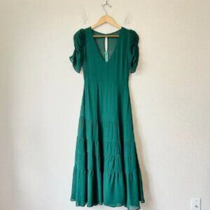 REFORMATION Cosa Dress Emerald Green Ruched Puff Sleeve Tiered Party